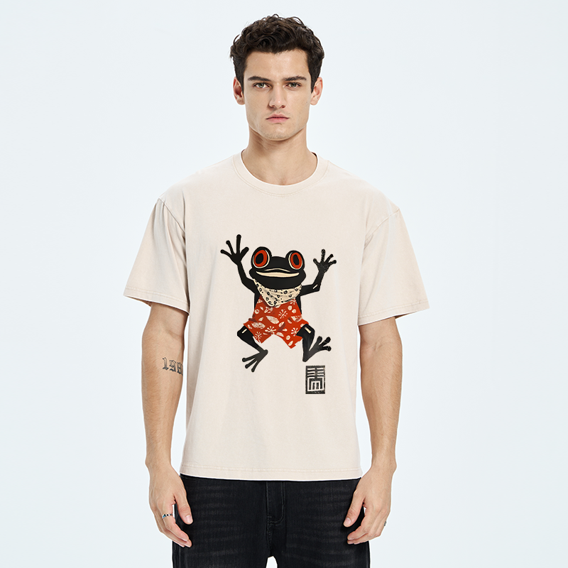 Tokyo-Tiger Japanese Happy Frog Ukiyoe Washed T-Shirt