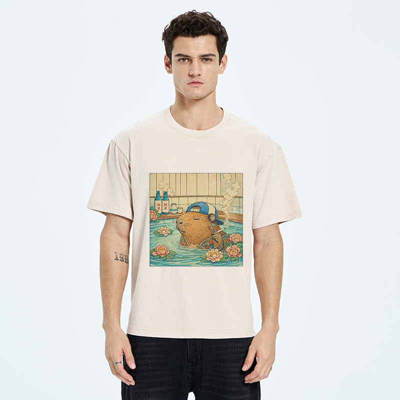 Tokyo-Tiger Capybara Enjoy Onsen Washed T-Shirt