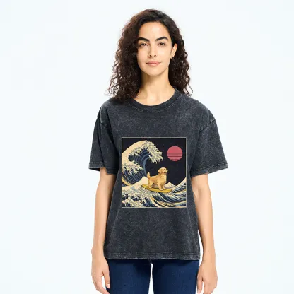 Tokyo-Tiger The Great Wave Dog Funny Washed T-Shirt