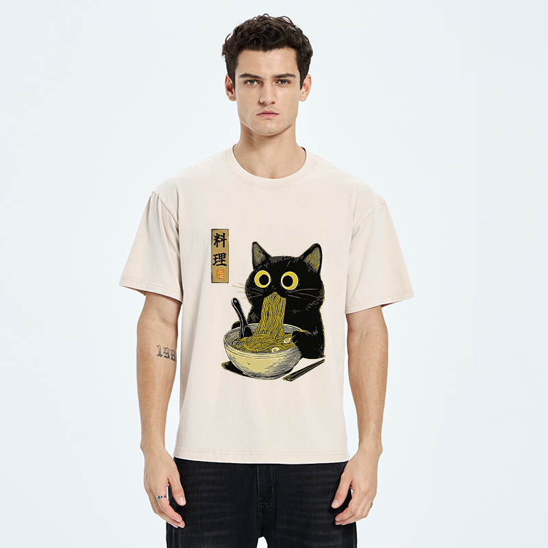 Tokyo-Tiger Japanese Black Cat Ramen Noodle Washed T-Shirt