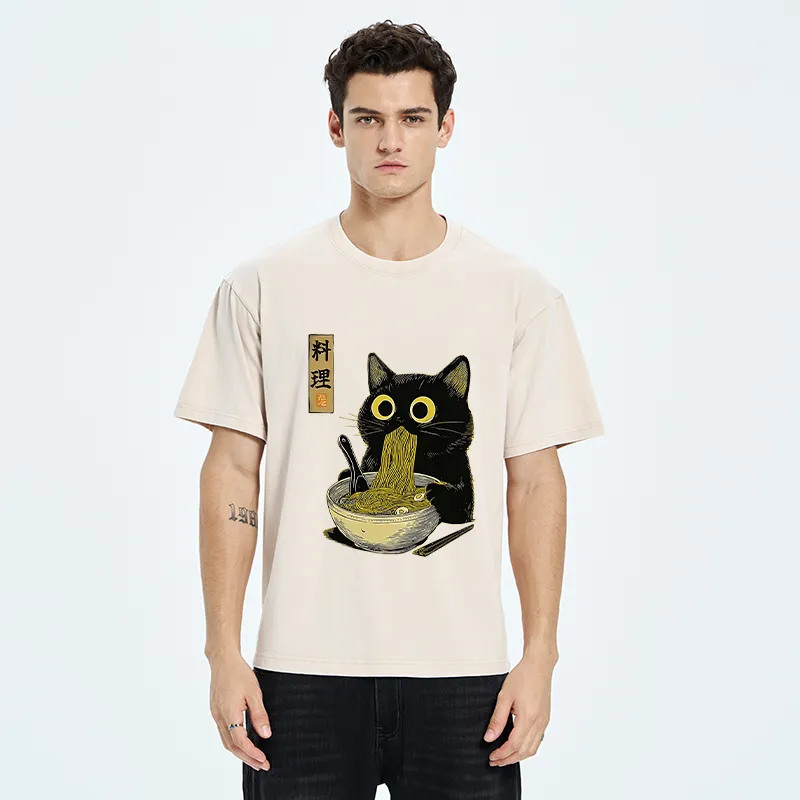 Tokyo-Tiger Japanese Black Cat Ramen Noodle Washed T-Shirt