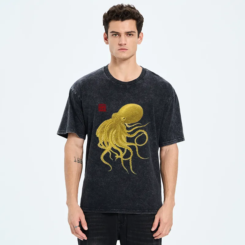 Tokyo-Tiger Woodblock Golden Octopus Washed T-Shirt