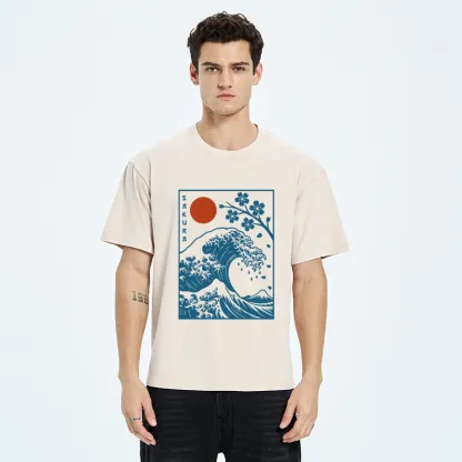 Tokyo-Tiger Japanese The Great Wave And Sakura Washed T-Shirt
