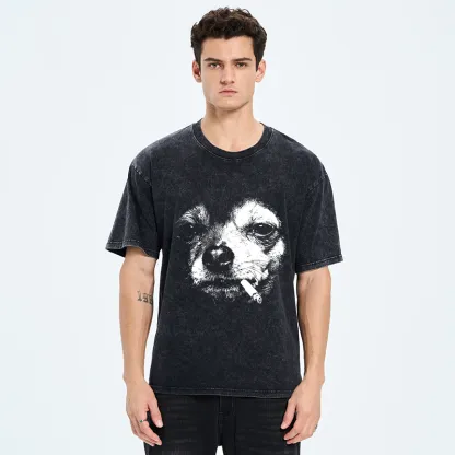 Tokyo-Tiger Smoking Dog Funny Meme Washed T-Shirt