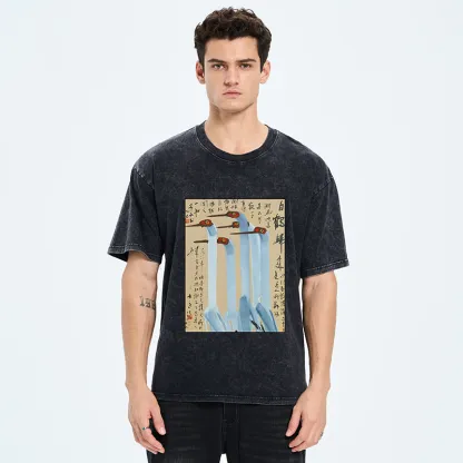 Tokyo-Tiger Vintage Ink Painting Crane Art Washed T-Shirt
