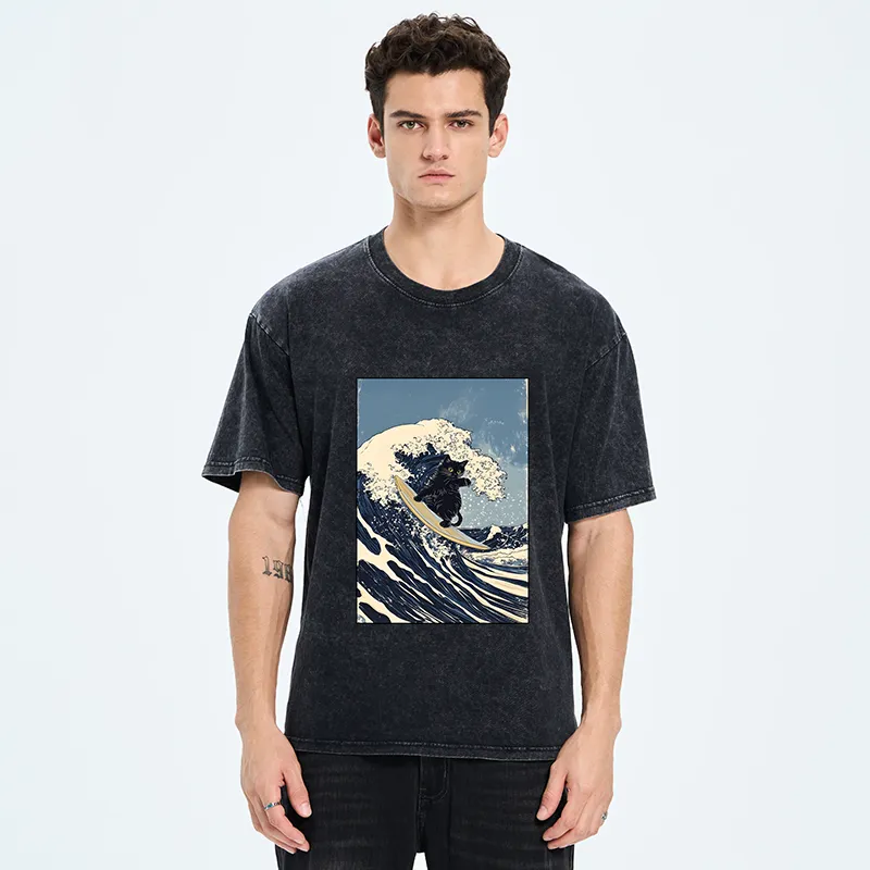 Tokyo-Tiger Black Cat Surfing Wave Japanese Ukiyoe Washed T-Shirt