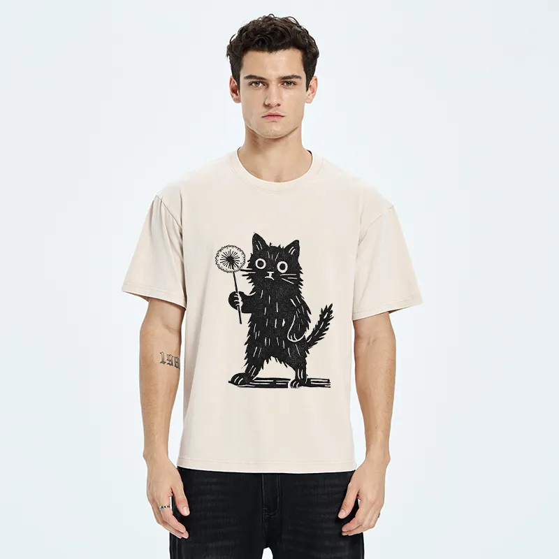 Tokyo-Tiger Cat And Dandelion Woodblock Washed T-Shirt