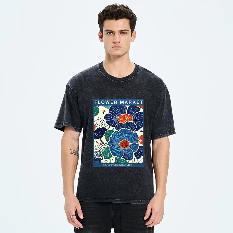 Tokyo-Tiger Blue Flowers Botanical Art Washed T-Shirt