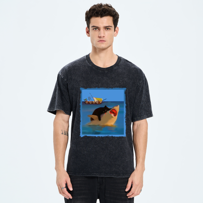 Tokyo-Tiger Black Cat With Shark Washed T-Shirt