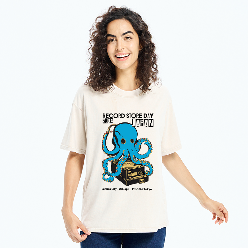 Tokyo-Tiger Japanese Octopus Records Washed T-Shirt