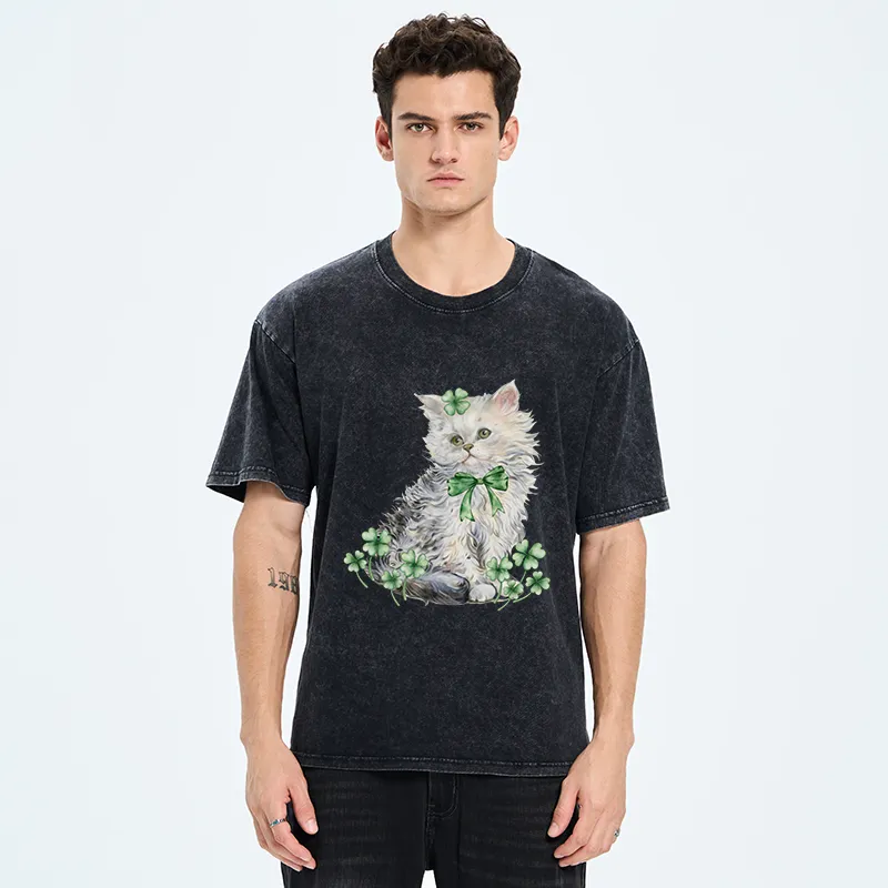 Tokyo-Tiger St Patricks Day Cat Clover Washed T-Shirt