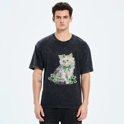 Tokyo-Tiger St Patricks Day Cat Clover Washed T-Shirt