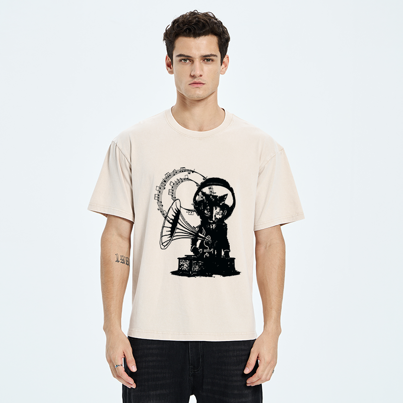 Tokyo-Tiger Vintage Cat Phonograph Music Washed T-Shirt