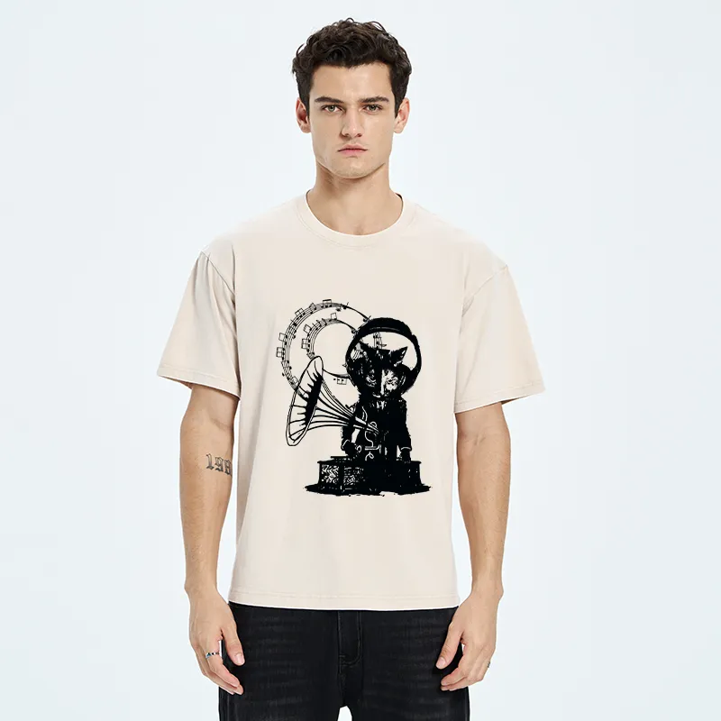 Tokyo-Tiger Vintage Cat Phonograph Music Washed T-Shirt