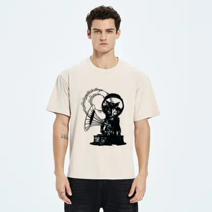 Tokyo-Tiger Vintage Cat Phonograph Music Washed T-Shirt