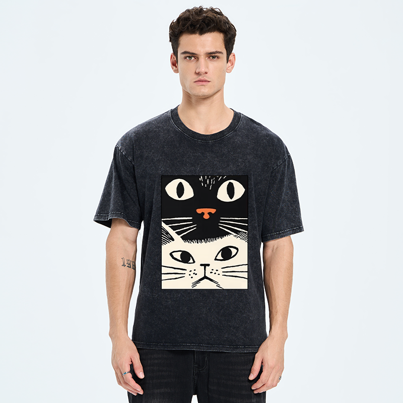 Tokyo-Tiger Black Cat And White Cat Washed T-Shirt
