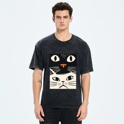 Tokyo-Tiger Black Cat And White Cat Washed T-Shirt