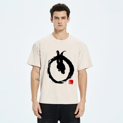 Tokyo-Tiger Ink Painting Zen Enso Rabbit Washed T-Shirt