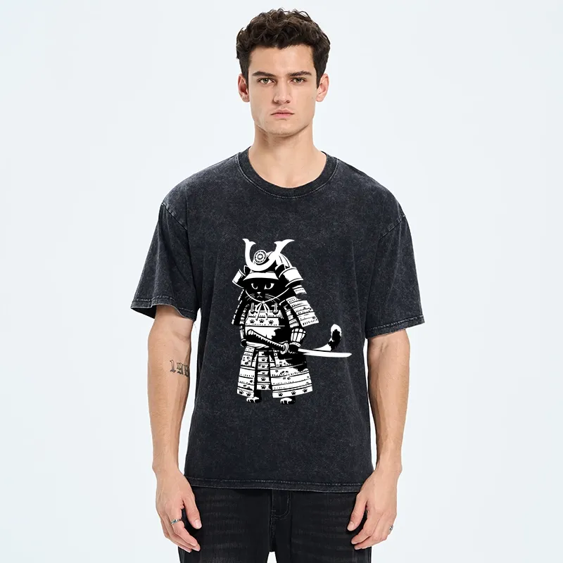 Tokyo-Tiger Japanese Samurai Black Cat Washed T-Shirt