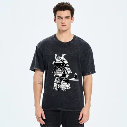 Tokyo-Tiger Japanese Samurai Black Cat Washed T-Shirt
