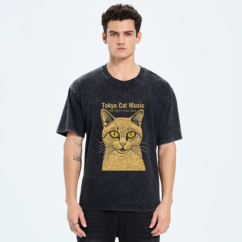 Tokyo-Tiger Tokyo Cat Music Washed T-Shirt