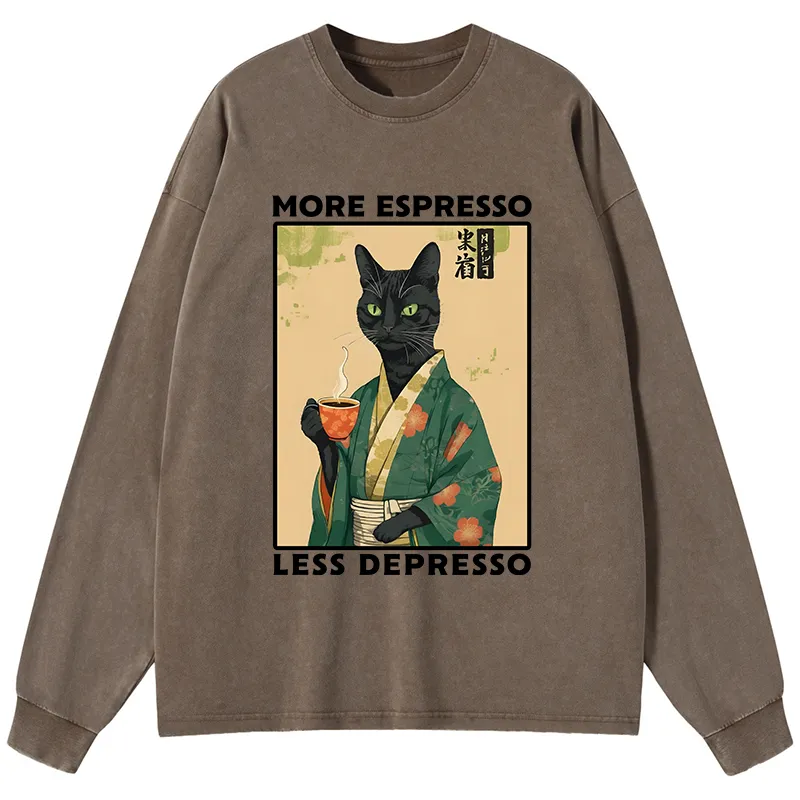 Tokyo-Tiger More Caffeine Less Sadness Washed Long Sleeve T-Shirt