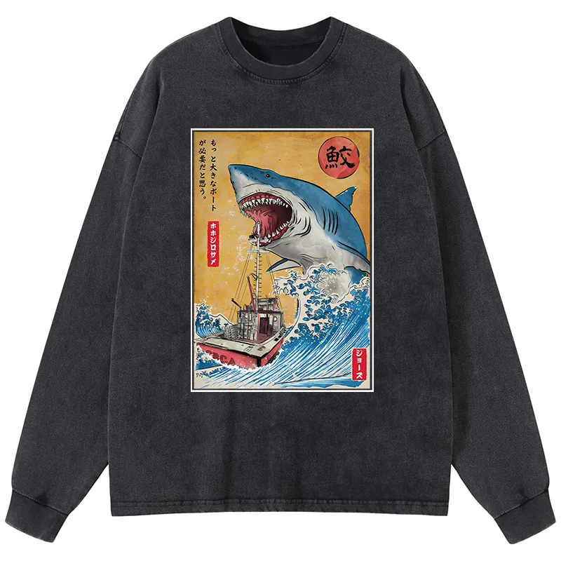 Tokyo-Tiger Ukiyoe Shark Japan Washed Long Sleeve T-Shirt
