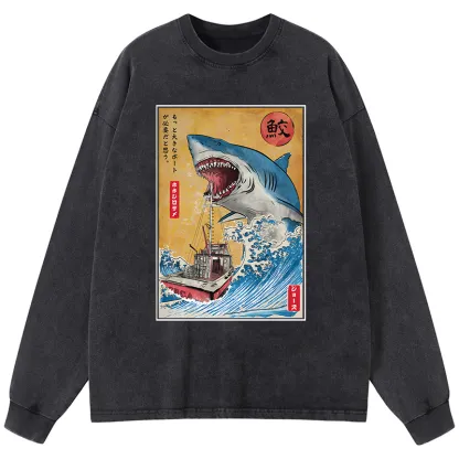 Tokyo-Tiger Ukiyoe Shark Japan Washed Long Sleeve T-Shirt