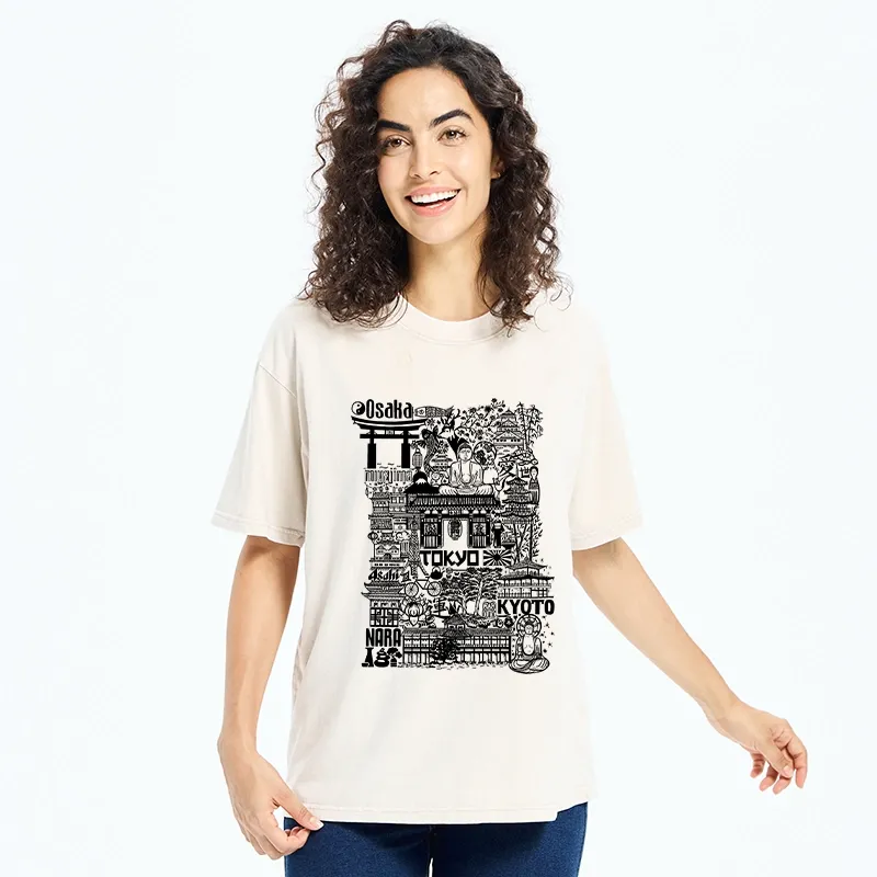 Tokyo-Tiger Japanese Line Cityscape Washed T-Shirt