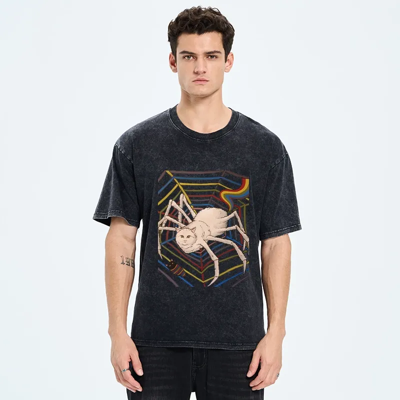Tokyo-Tiger Funny Spider Cat Washed T-Shirt