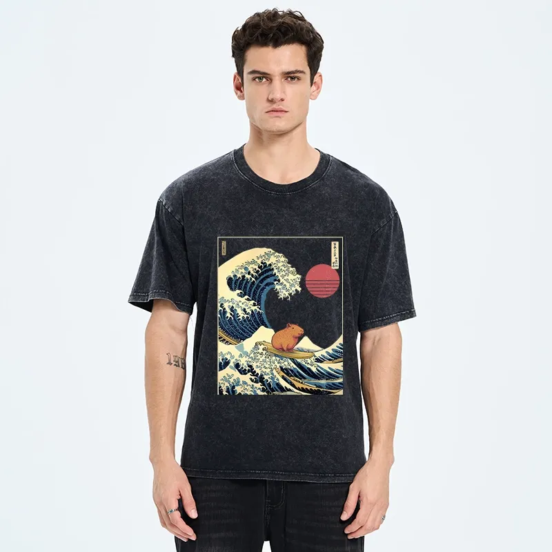Tokyo-Tiger Capybara Surfing Washed T-Shirt