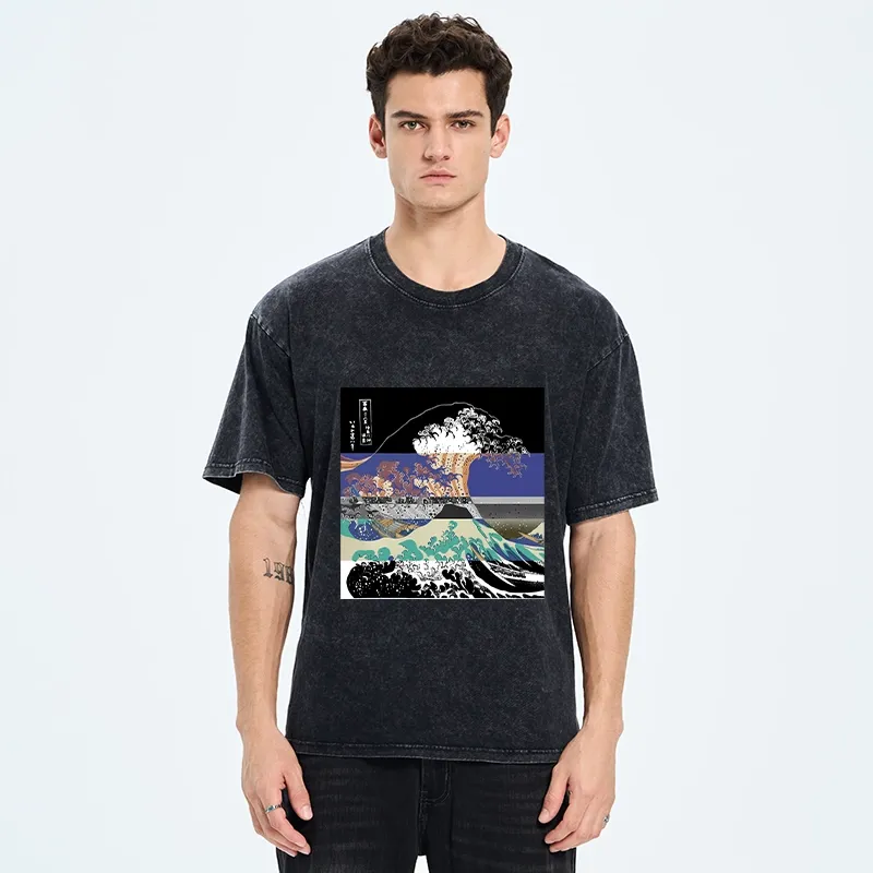 Tokyo-Tiger Ukiyo-e Style Waves Washed T-Shirt