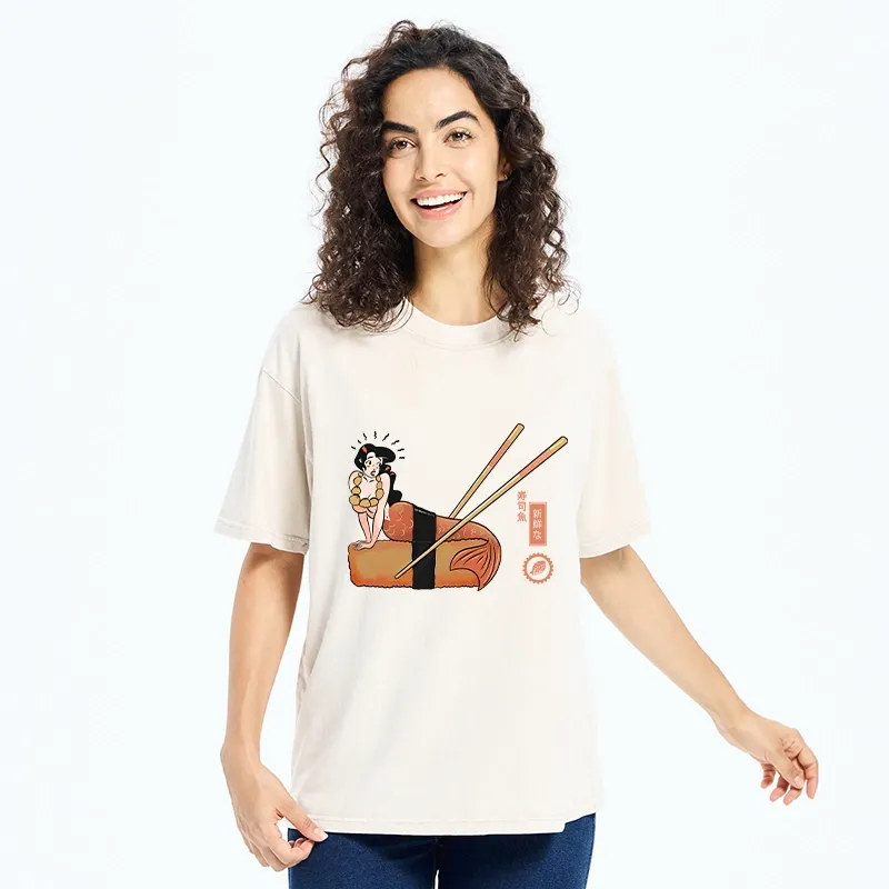 Tokyo-Tiger Funny Sushi Mermaid Washed T-Shirt