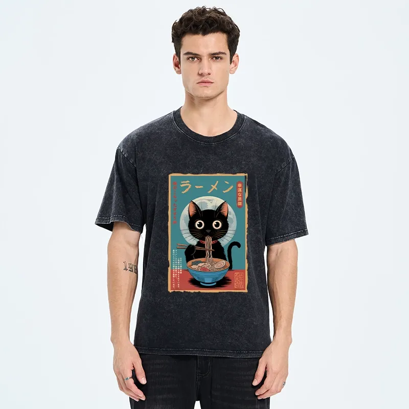 Tokyo-Tiger Ramen Fanatic Cat Washed T-Shirt
