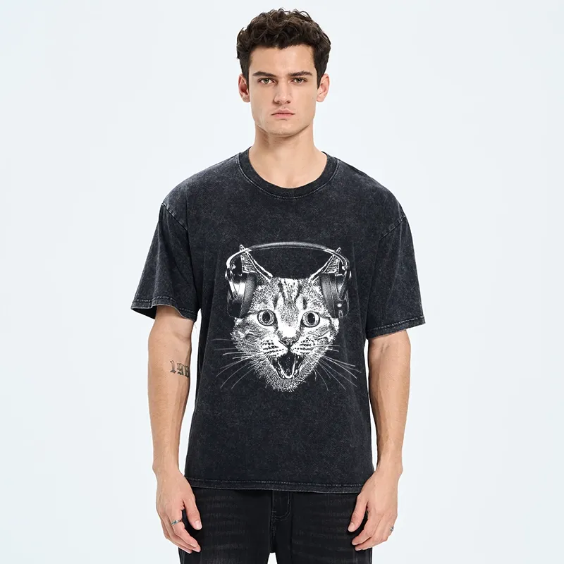 Tokyo-Tiger Cat With Headphones Washed T-Shirt