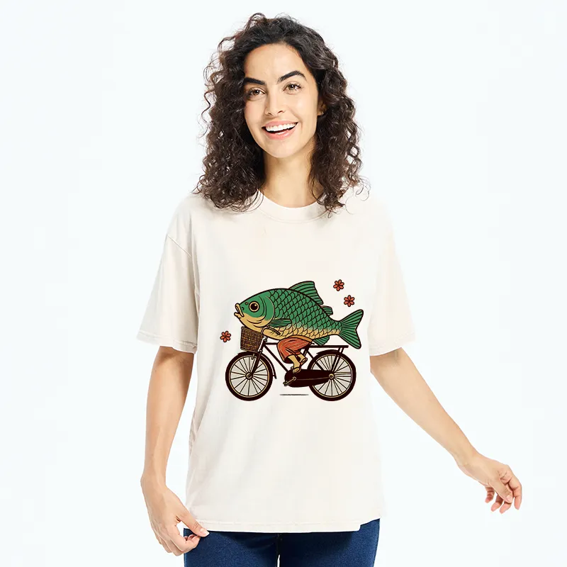Tokyo-Tiger Funny Fish Riding A Bicycle Washed T-Shirt
