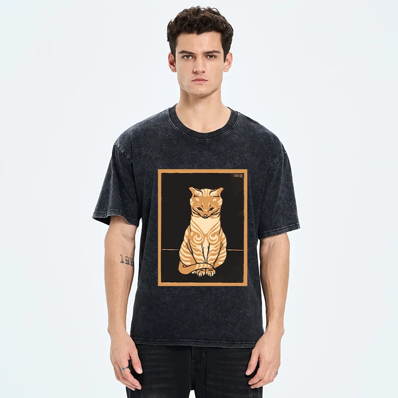 Tokyo-Tiger Cat Sitting And Meditating Washed T-Shirt