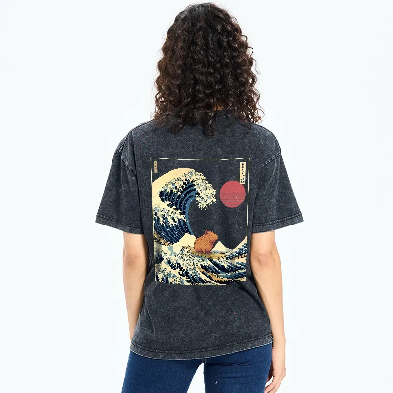 Tokyo-Tiger Capybara Surfing Back Washed T-Shirt