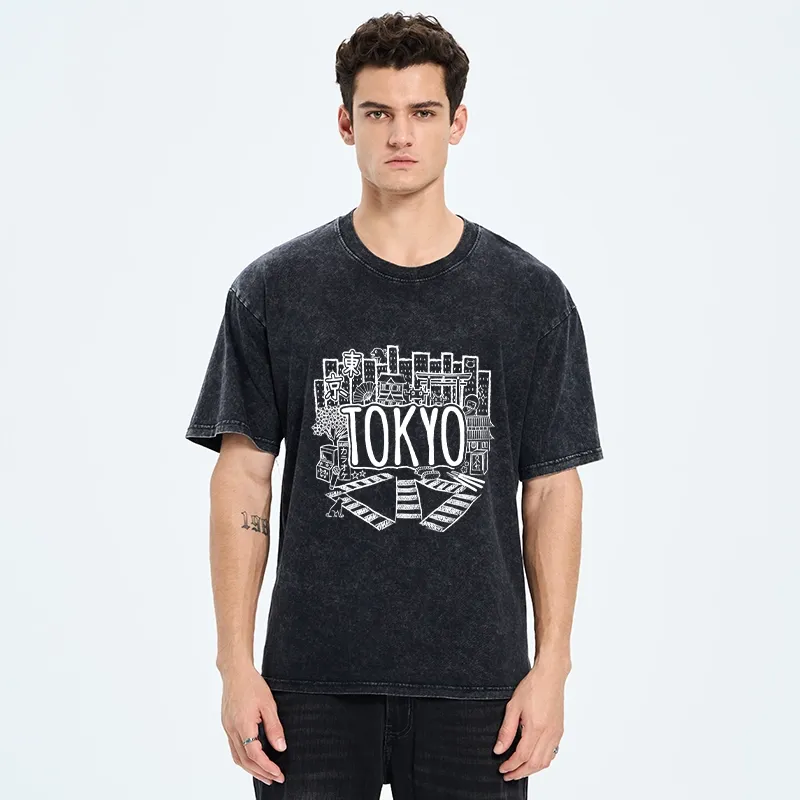 Tokyo-Tiger Cityscape Of Tokyo Washed T-Shirt