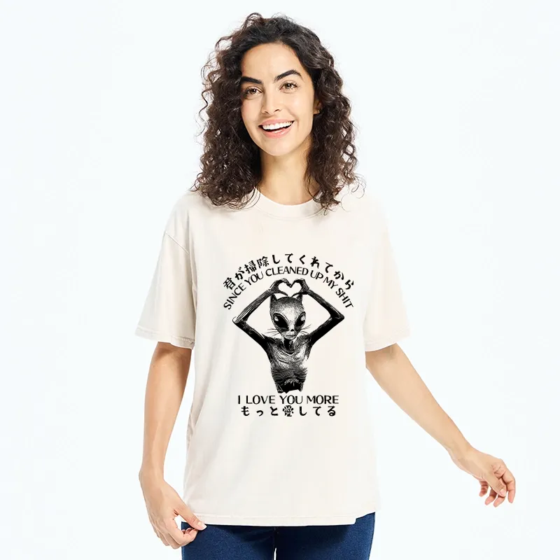 Tokyo-Tiger Funny Alien Cat Love Washed T-Shirt