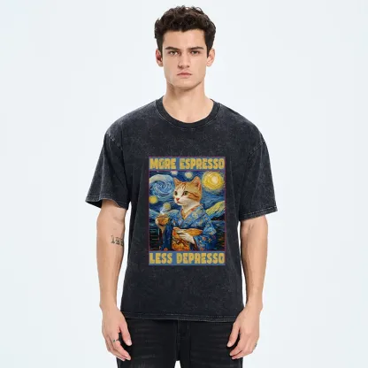 Tokyo-Tiger Funny More Espresso Less Depresso Washed T-Shirt