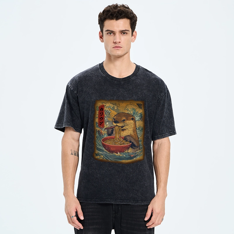 Tokyo-Tiger Otter Eats Ramen Washed T-Shirt