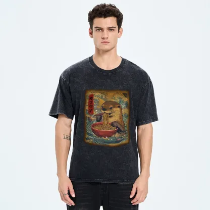 Tokyo-Tiger Otter Eats Ramen Washed T-Shirt