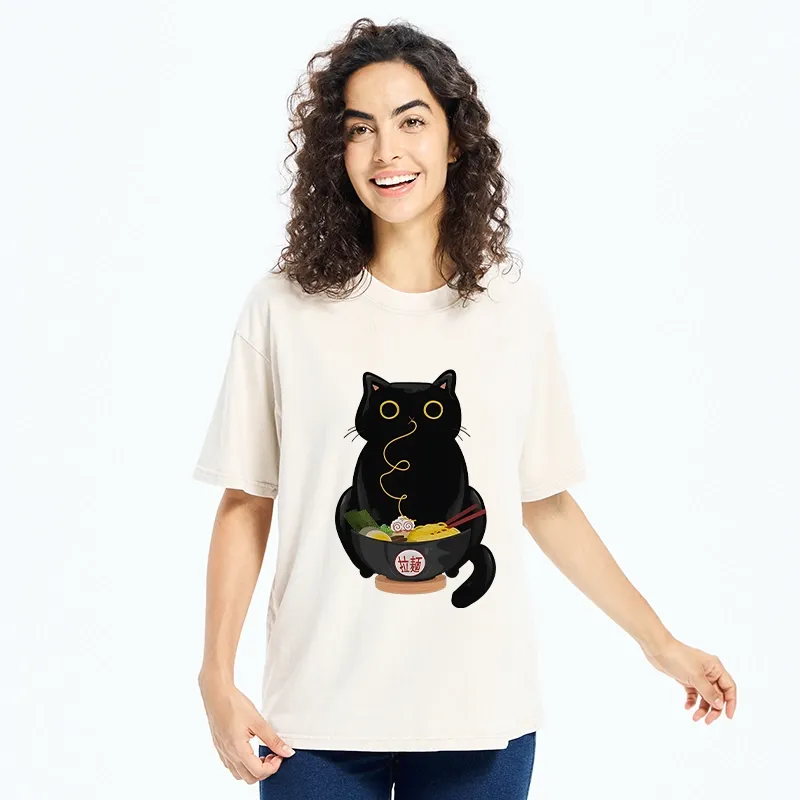 Tokyo-Tiger Ramen-Loving Cat Washed T-Shirt