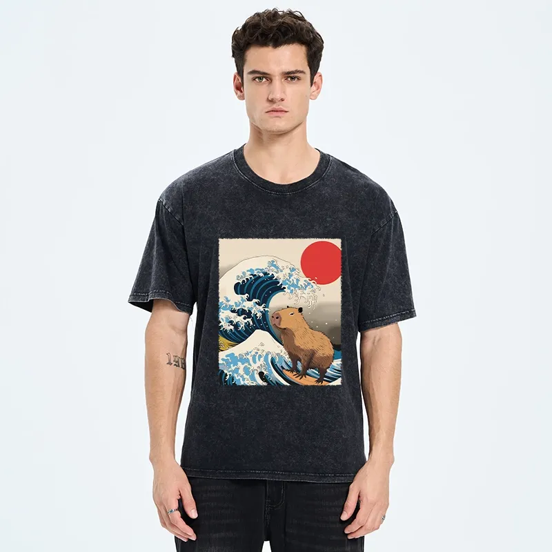 Tokyo-Tiger Funny Capybara Surfing Washed T-Shirt