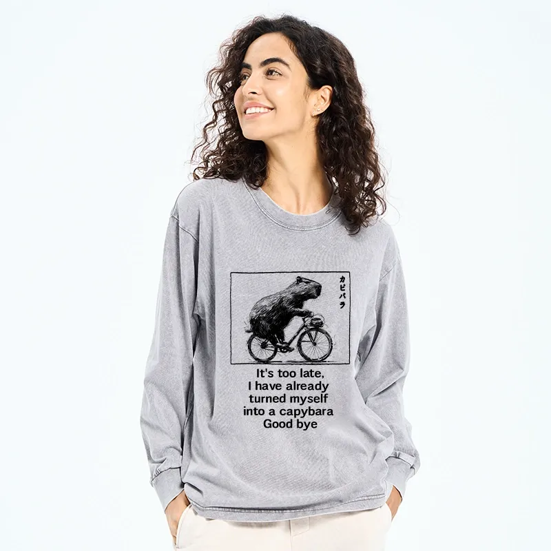 Tokyo-Tiger Funny Capybara Riding A Bicycle Washed Long Sleeve T-Shirt