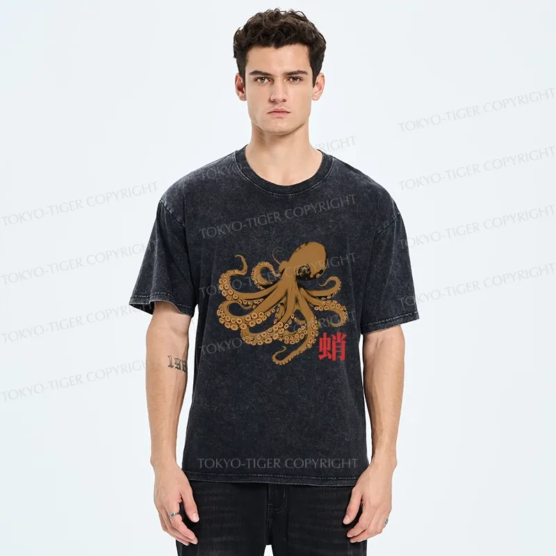 Tokyo-Tiger Retro Japanese Octopus Washed T-Shirt
