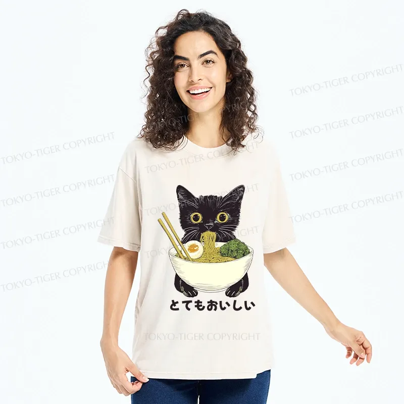 Tokyo-Tiger Ramen Lover Cute Cat Washed T-Shirt