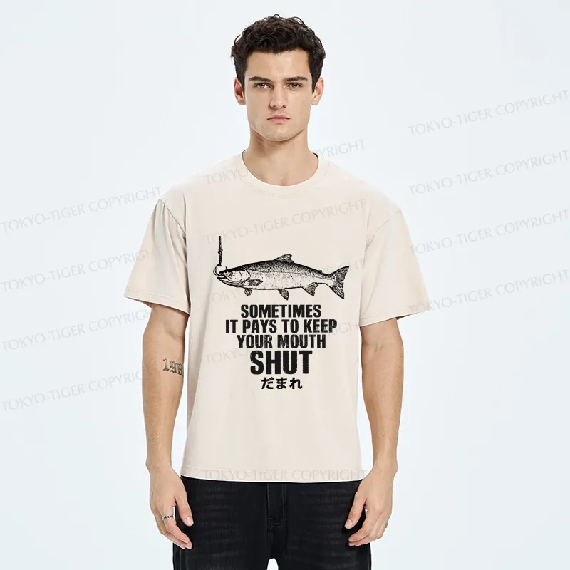 Tokyo-Tiger Funny Fish Shut Up Washed T-Shirt