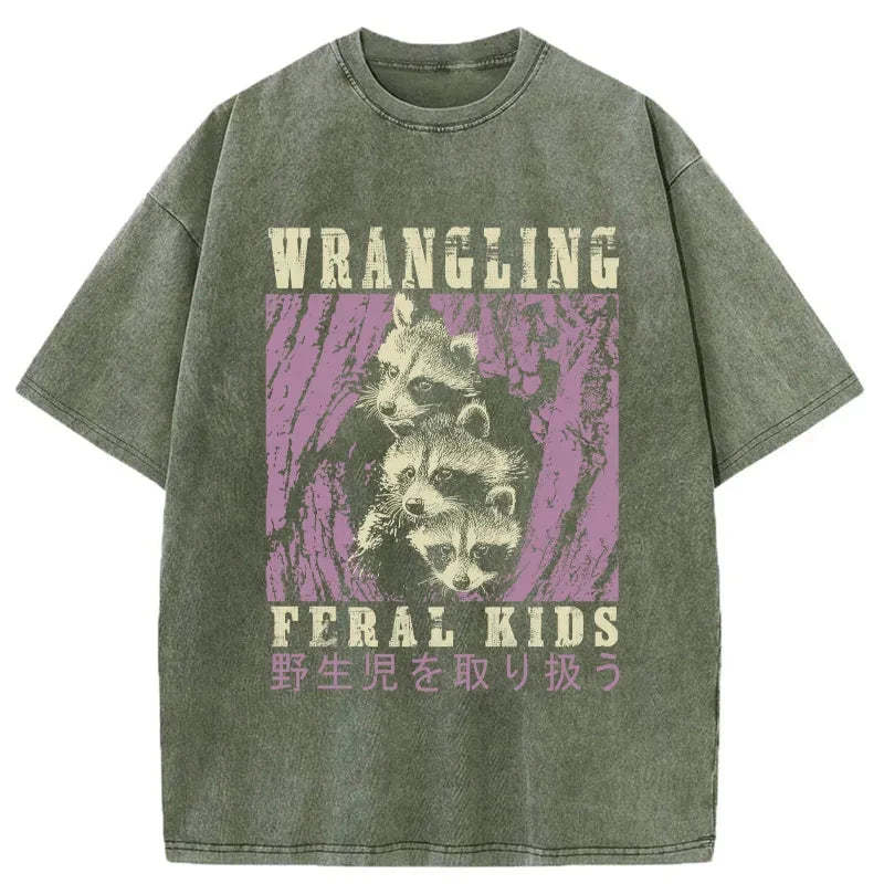 Tokyo-Tiger Wrangling Feral Raccoon Kids Washed T-Shirt